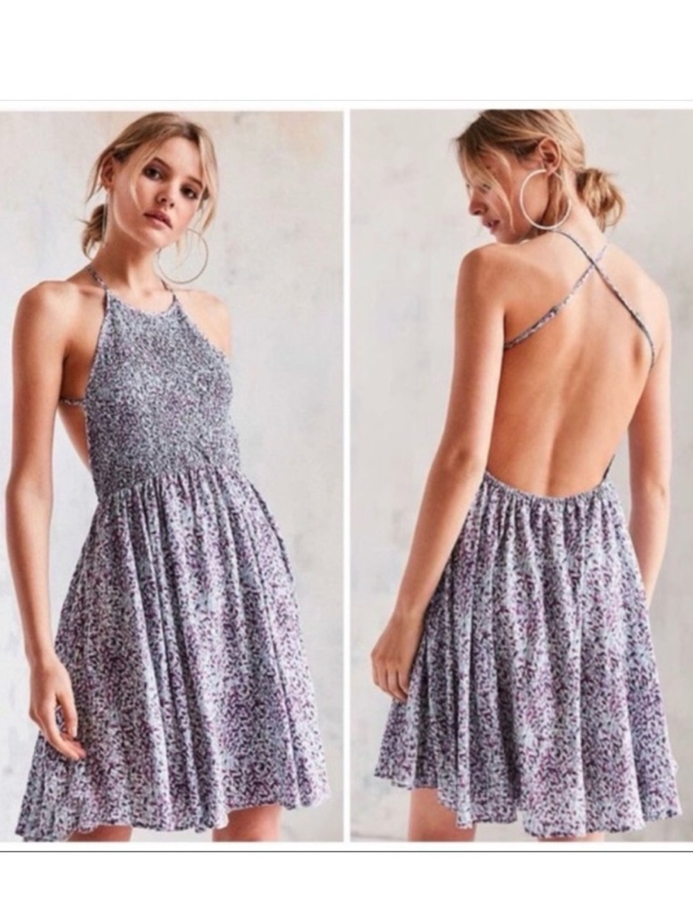 Kimchi Blue Verlina Purple Blur Fleck Floral Backless Smocked Mini Dress Medium